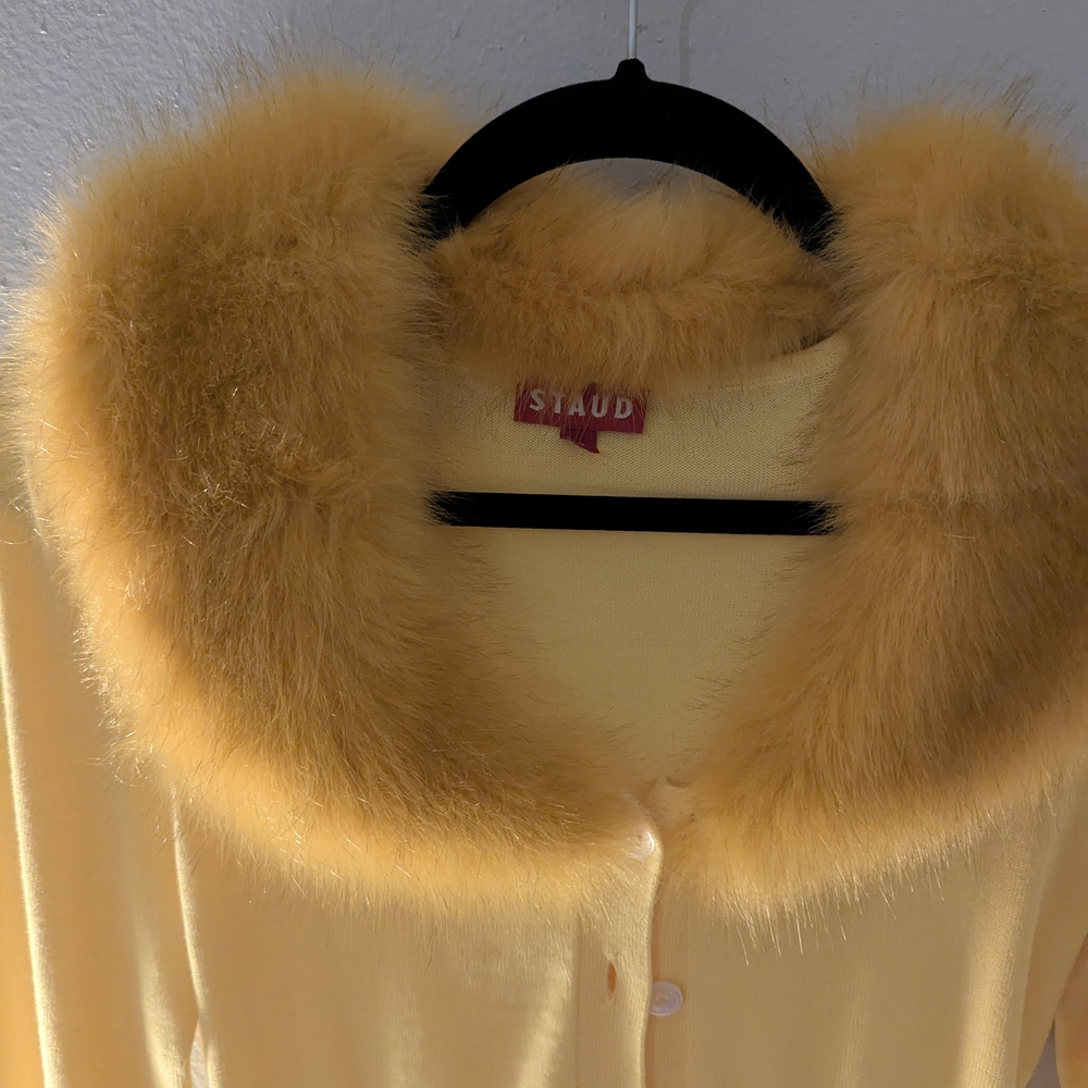 Staud Women's Yellow Sweater with Faux Fur Collar - Picture 2 of 6